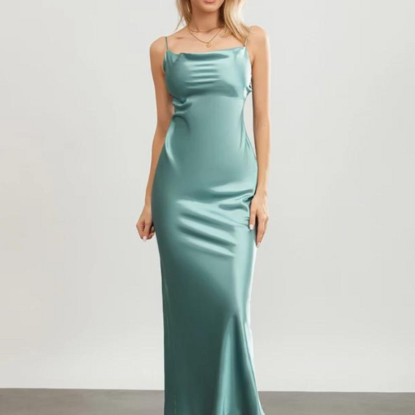robe-longue-droite-satin Bleu / S